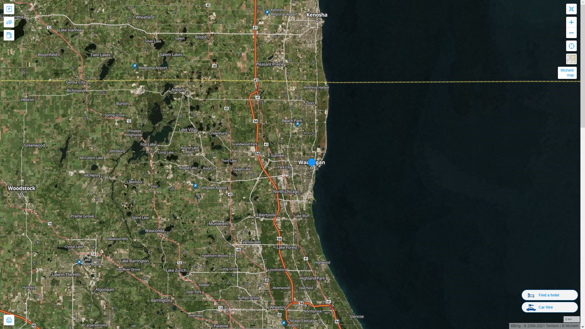 Waukegan illinois Highway and Road Map with Satellite View